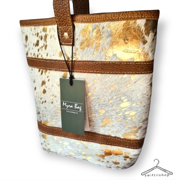 Myra Bag Handbags - Myra Bag Leather Cotton Carve Gold Tan Cream Unique Medium Tote Bag Handbag